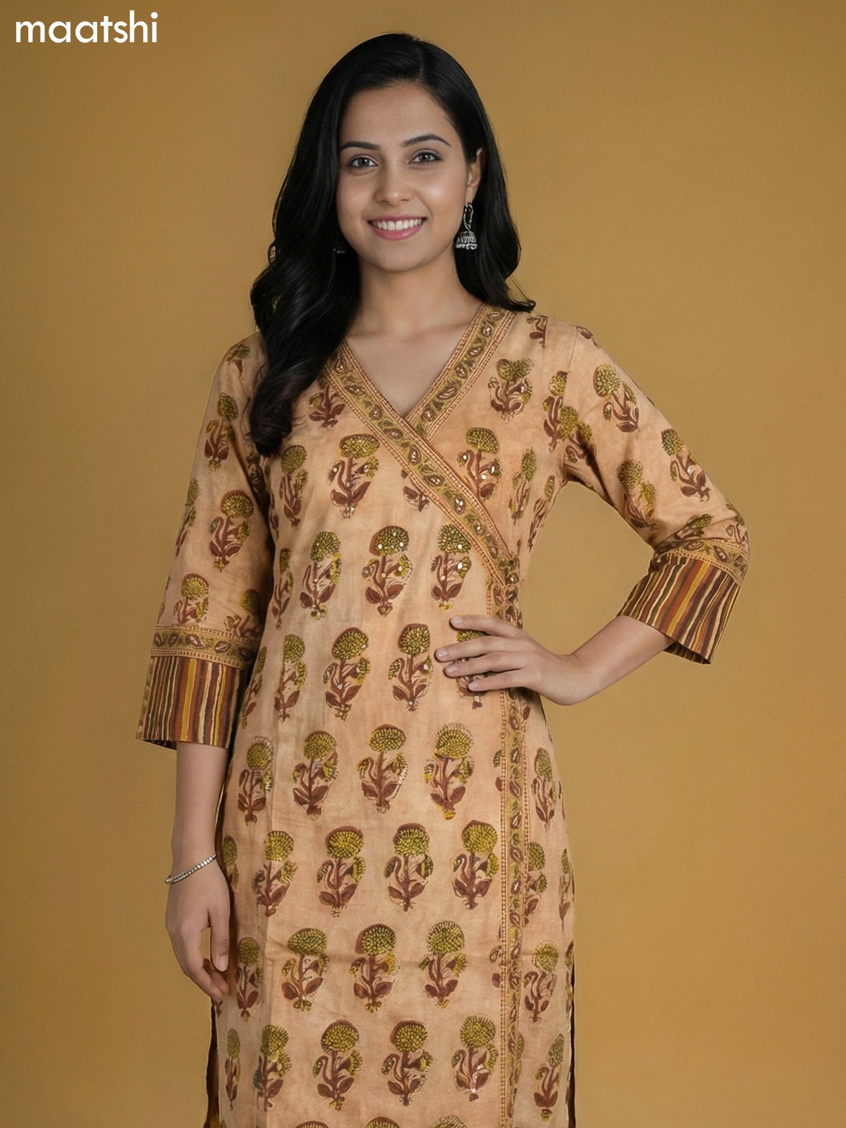 Peach Shade and Brown Cotton Printed Kurti Set