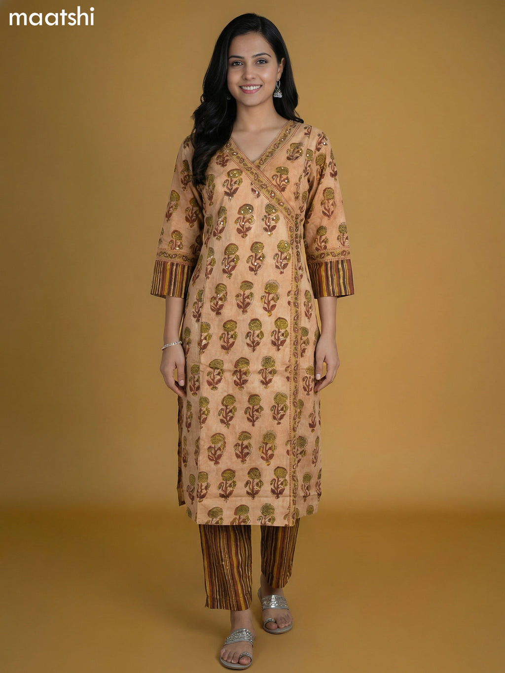 Peach Shade and Brown Cotton Printed Kurti Set