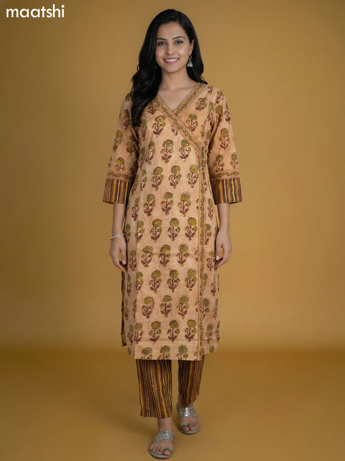 Peach Shade and Brown Cotton Printed Kurti Set