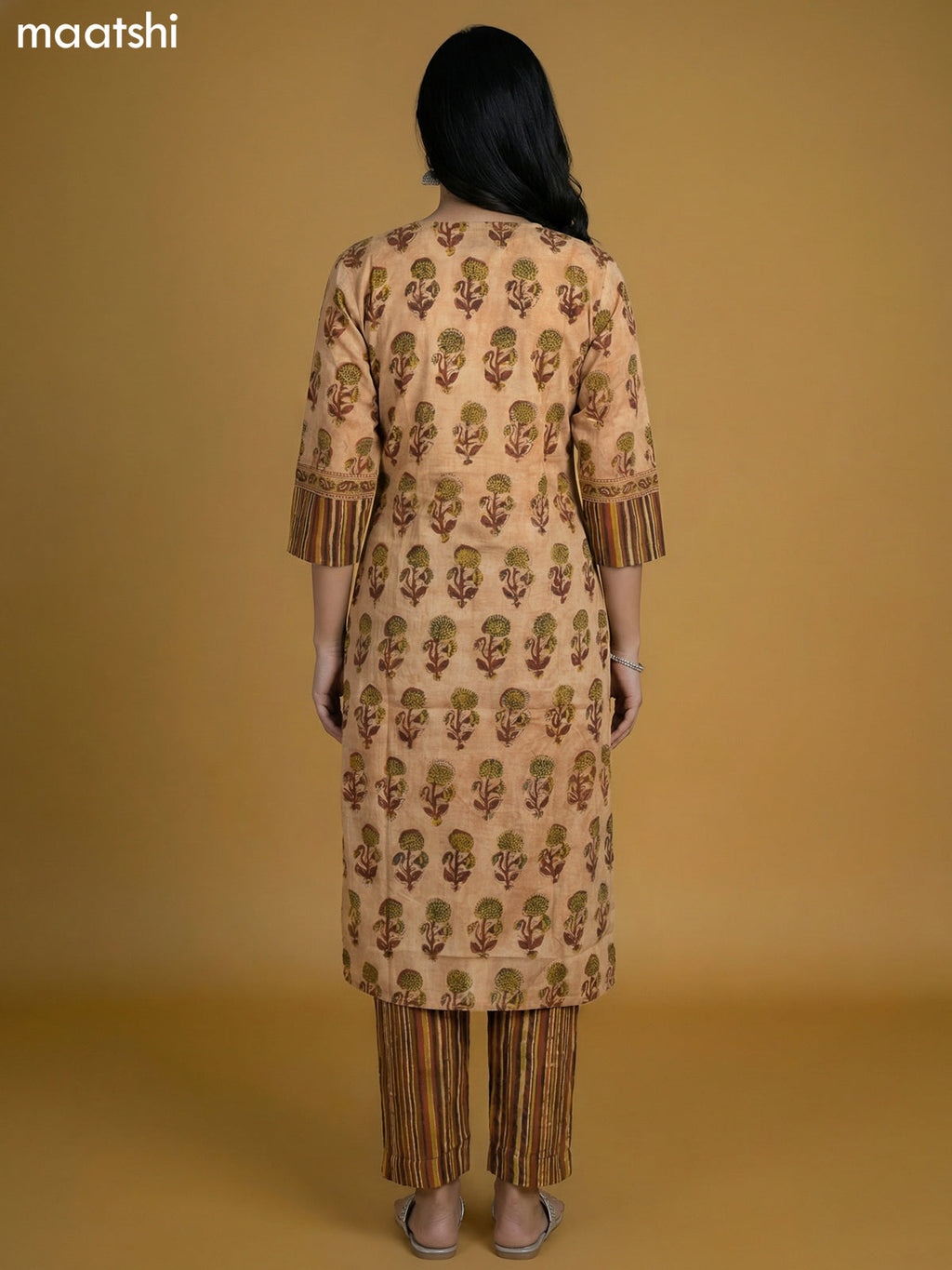 Peach Shade and Brown Cotton Printed Kurti Set