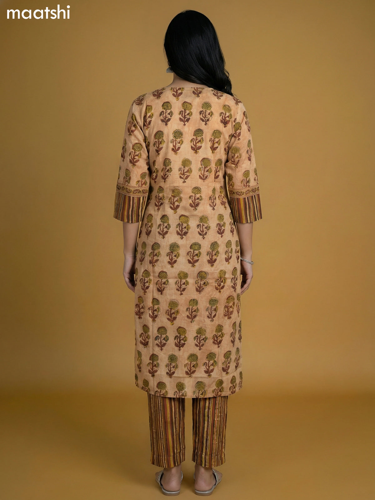 Peach Shade and Brown Cotton Printed Kurti Set
