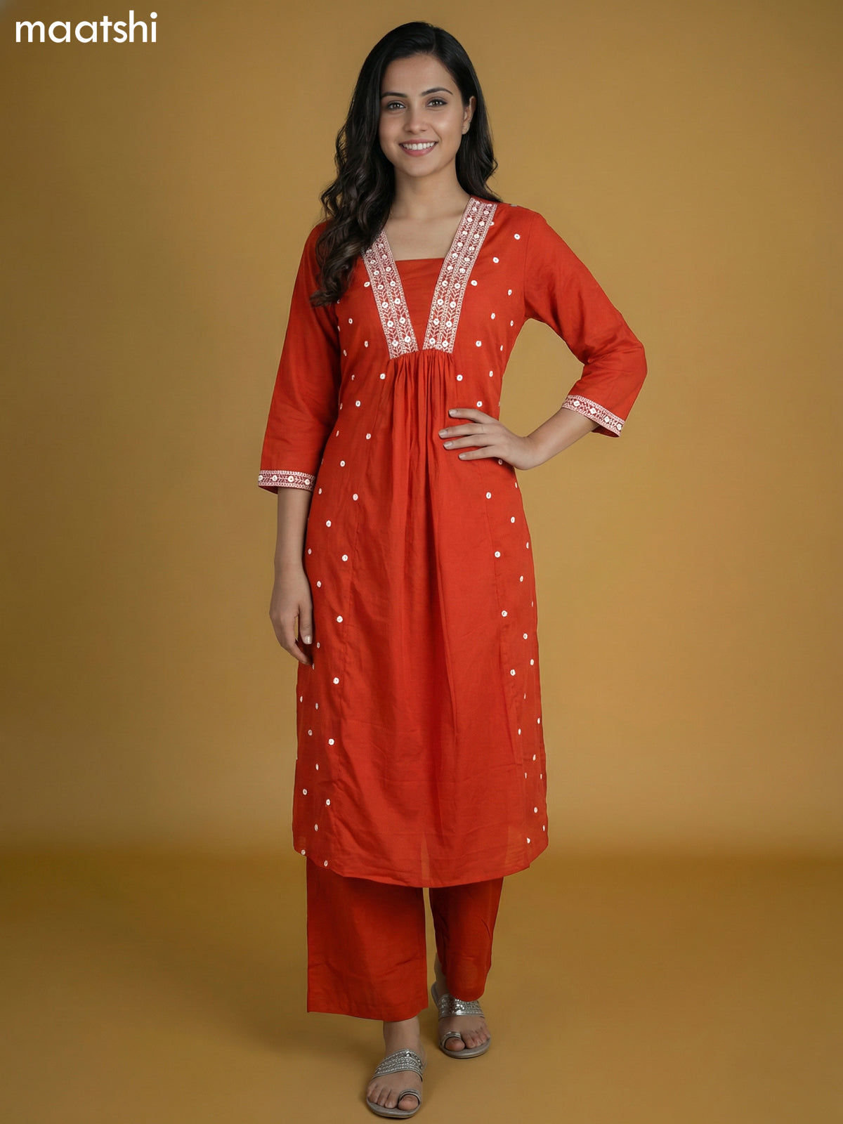 Rust Shade Cotton Embroidery Work Kurti Set