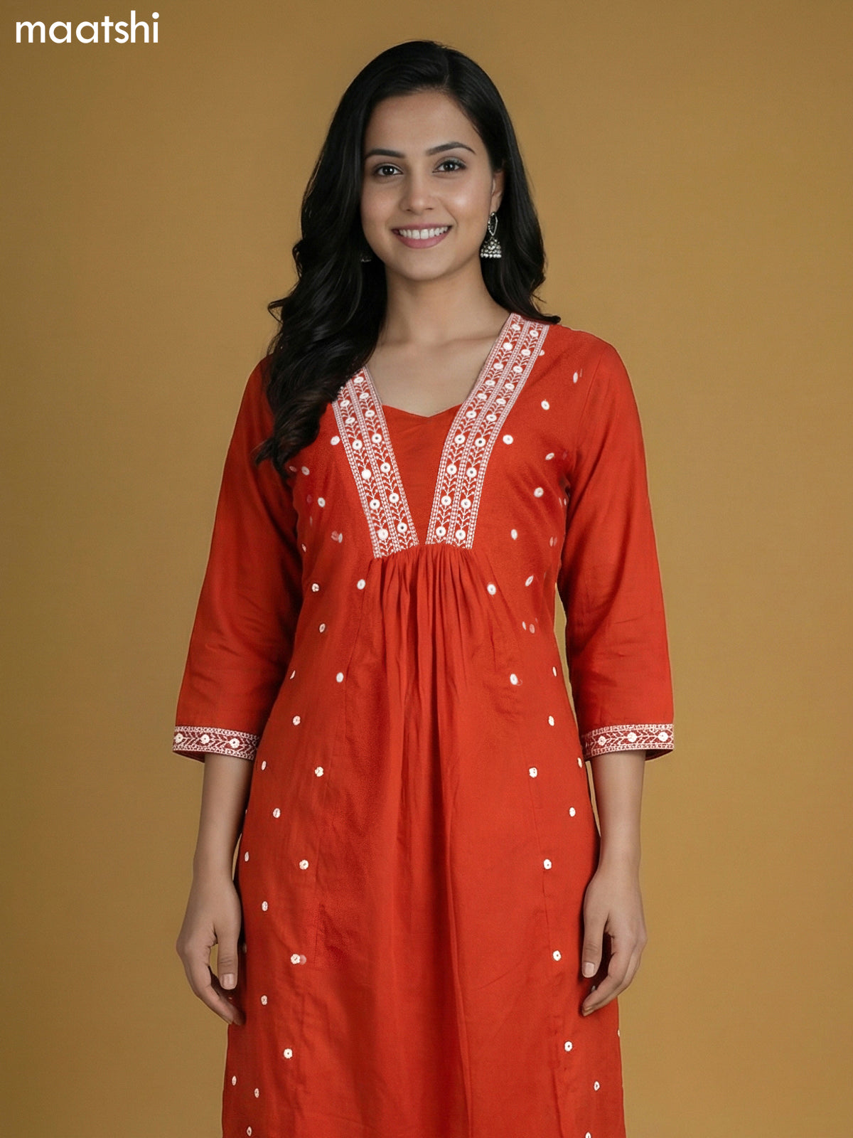 Rust Shade Cotton Embroidery Work Kurti Set