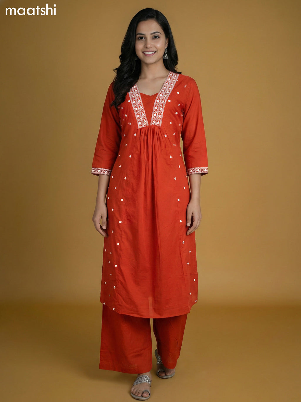 Rust Shade Cotton Embroidery Work Kurti Set