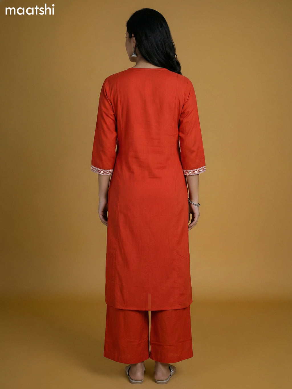 Rust Shade Cotton Embroidery Work Kurti Set