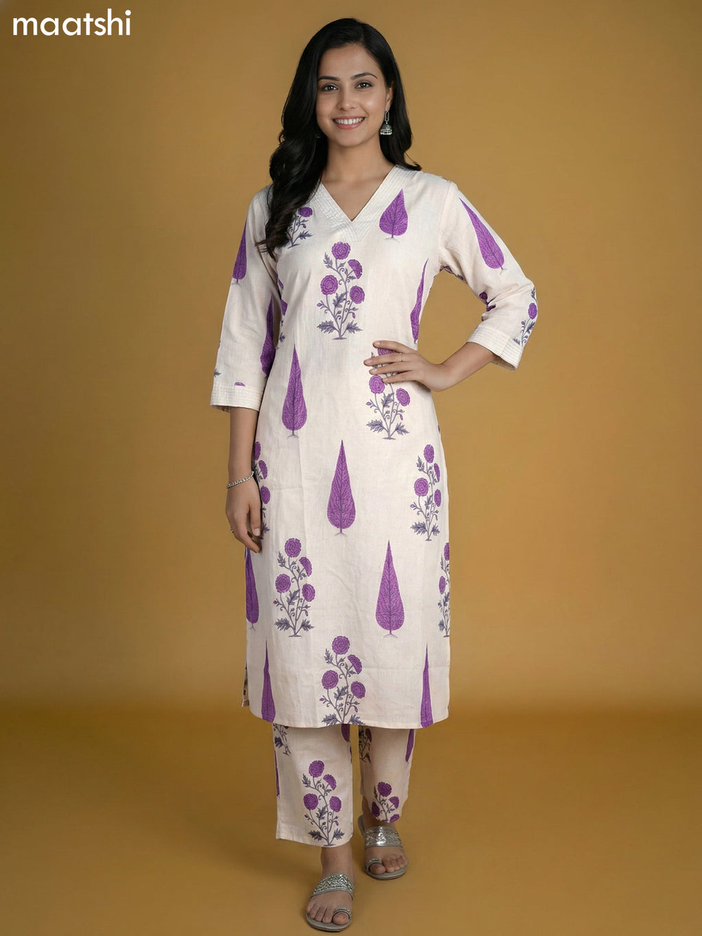 Off White and Purple Cotton Printed Kurti Set