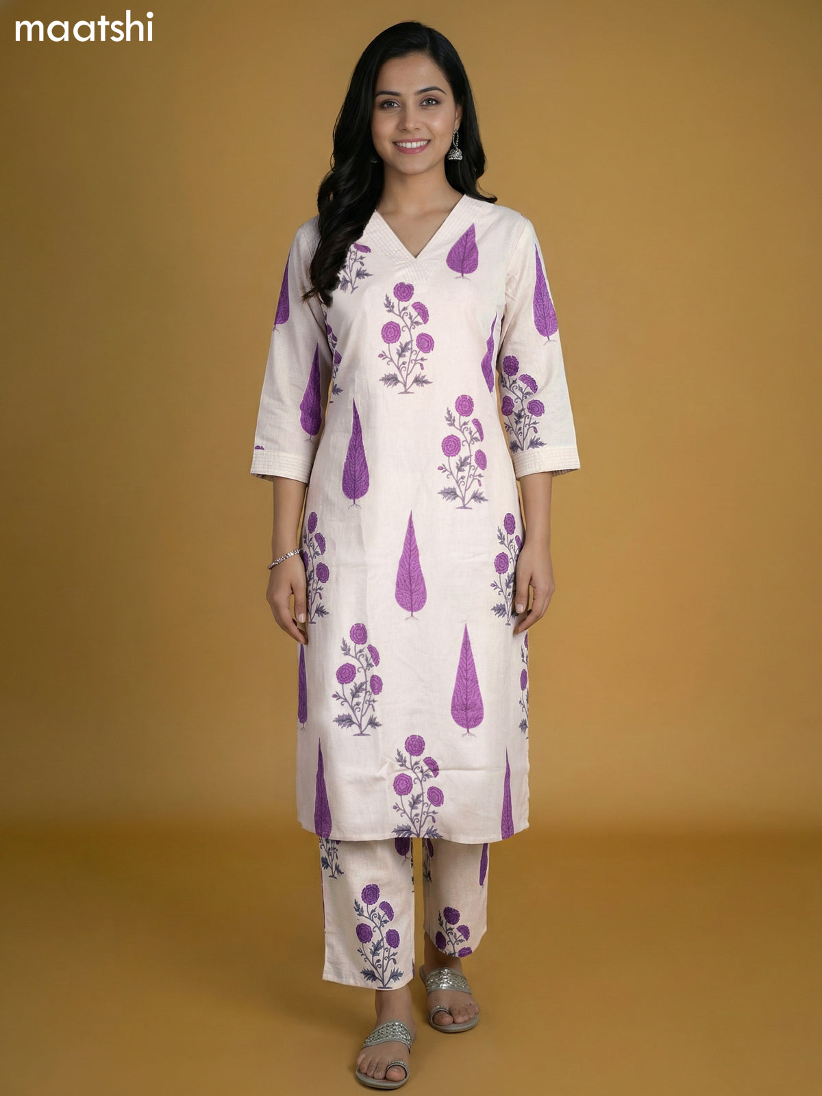 Off White and Purple Cotton Printed Kurti Set