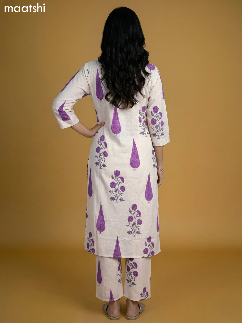 Off White and Purple Cotton Printed Kurti Set