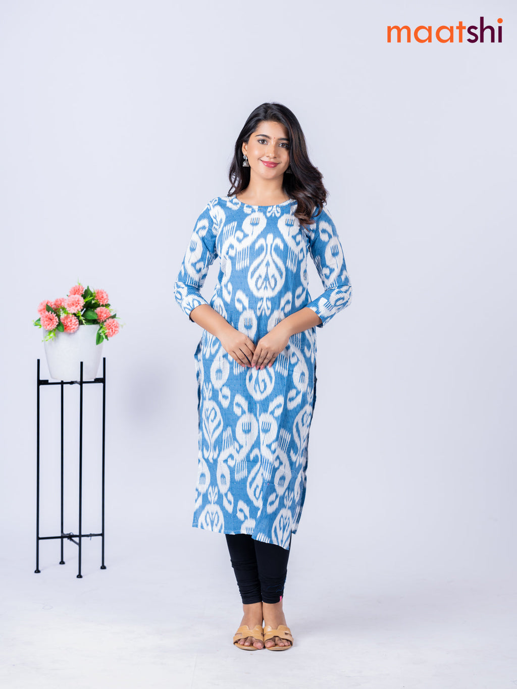 Cotton kurti blue and off white with allover ikat weaves & beaded work neck pattern without pant