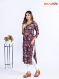 Modal kurti wine shade with allover floral prints & beaded work v neck pattern without pant