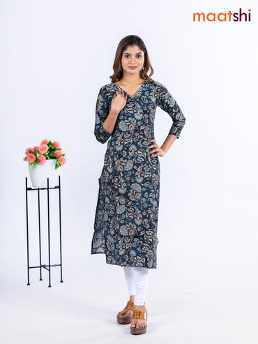 Modal kurti navy blue and peacock blue with allover floral prints & beaded work v neck pattern without pant