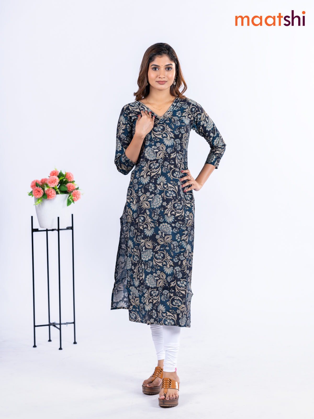 Modal kurti navy blue and peacock blue with allover floral prints & beaded work v neck pattern without pant