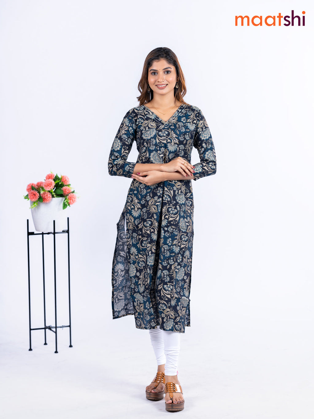 Modal kurti navy blue and peacock blue with allover floral prints & beaded work v neck pattern without pant