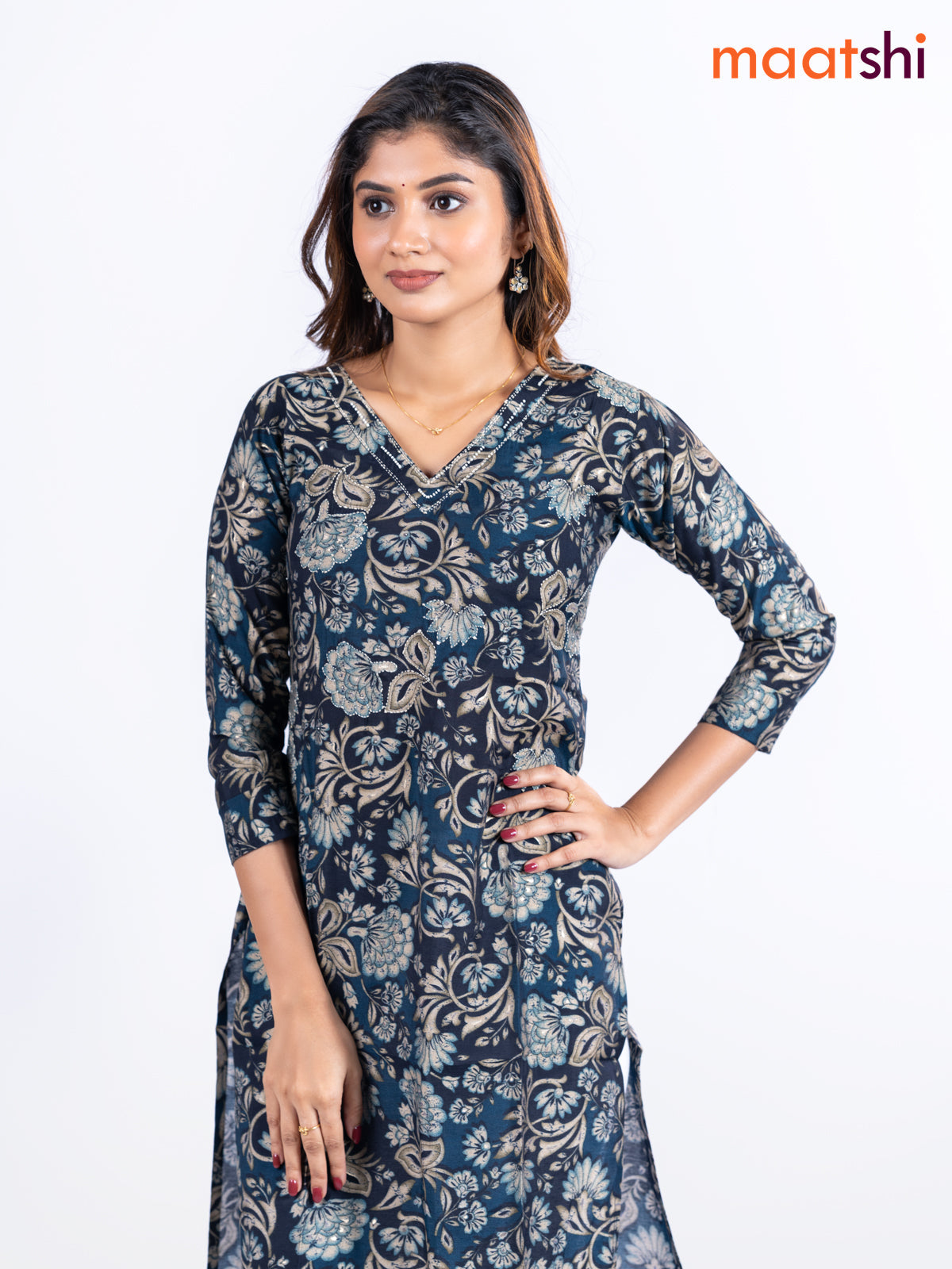 Modal kurti navy blue and peacock blue with allover floral prints & beaded work v neck pattern without pant