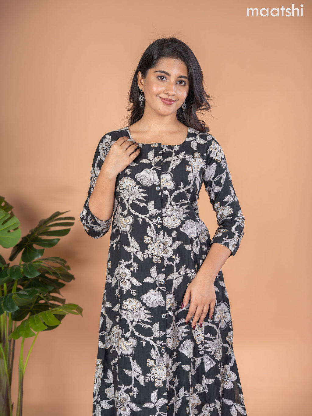 Rayon A-line kurti black and grey with allover floral prints & simple neck pattern without pant