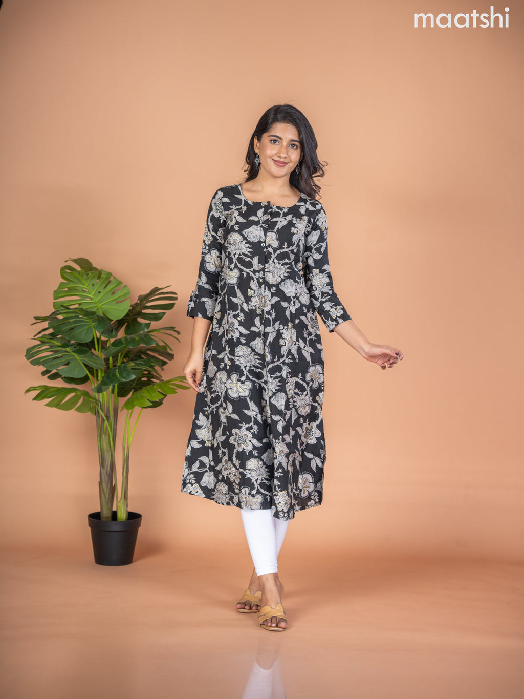 Rayon A-line kurti black and grey with allover floral prints & simple neck pattern without pant