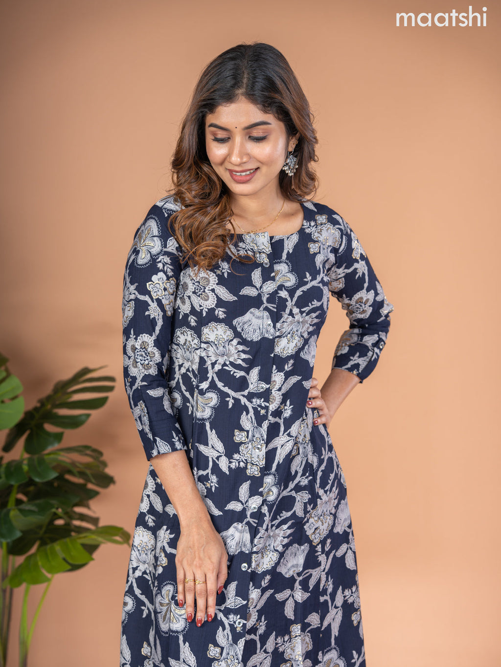 Rayon A-line kurti deep navy blue and grey with allover floral prints & simple neck pattern without pant
