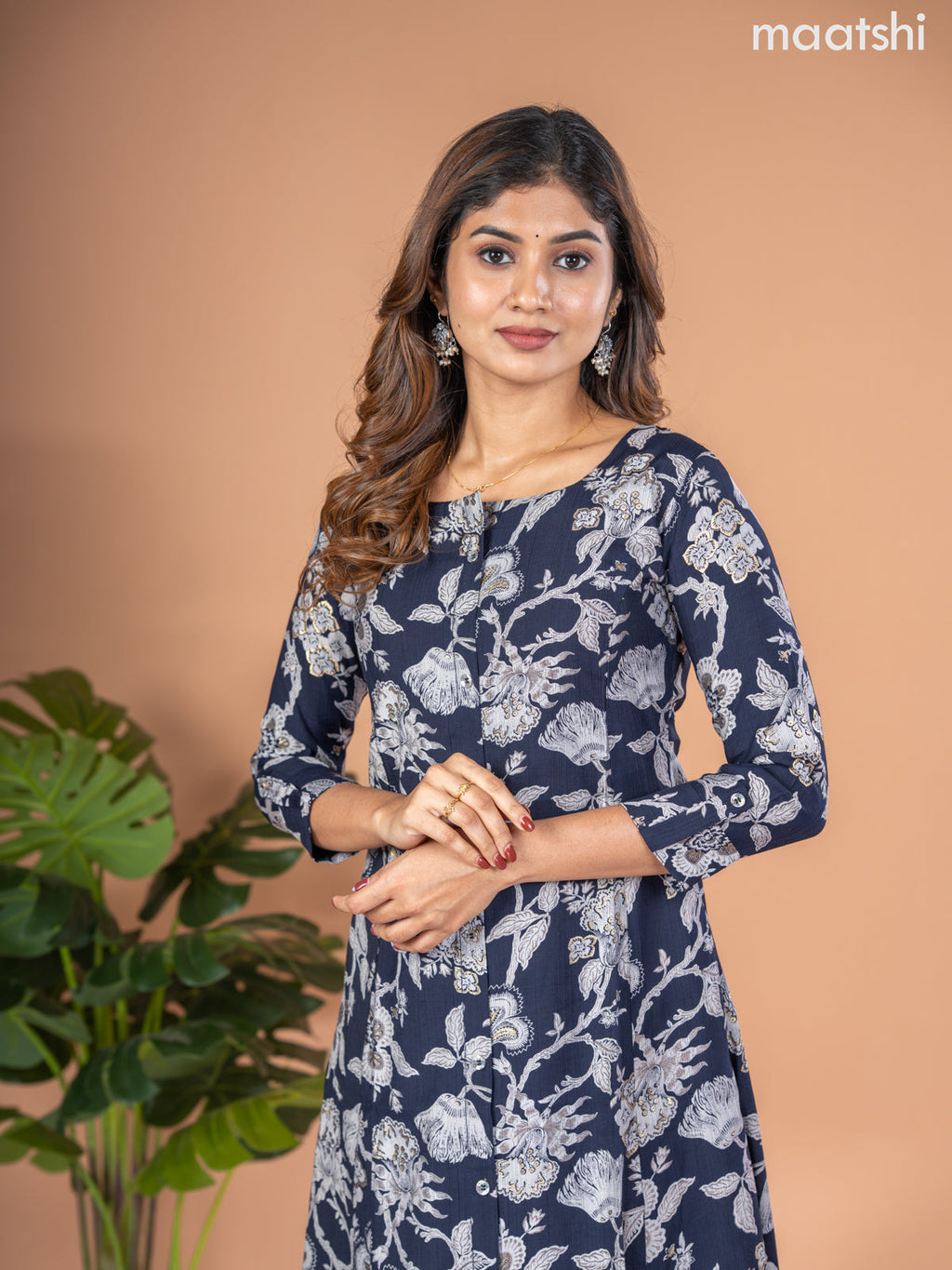 Rayon A-line kurti deep navy blue and grey with allover floral prints & simple neck pattern without pant