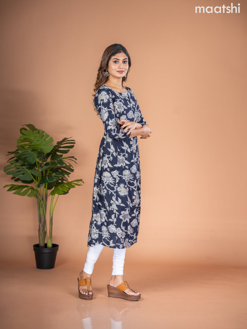 Rayon A-line kurti deep navy blue and grey with allover floral prints & simple neck pattern without pant