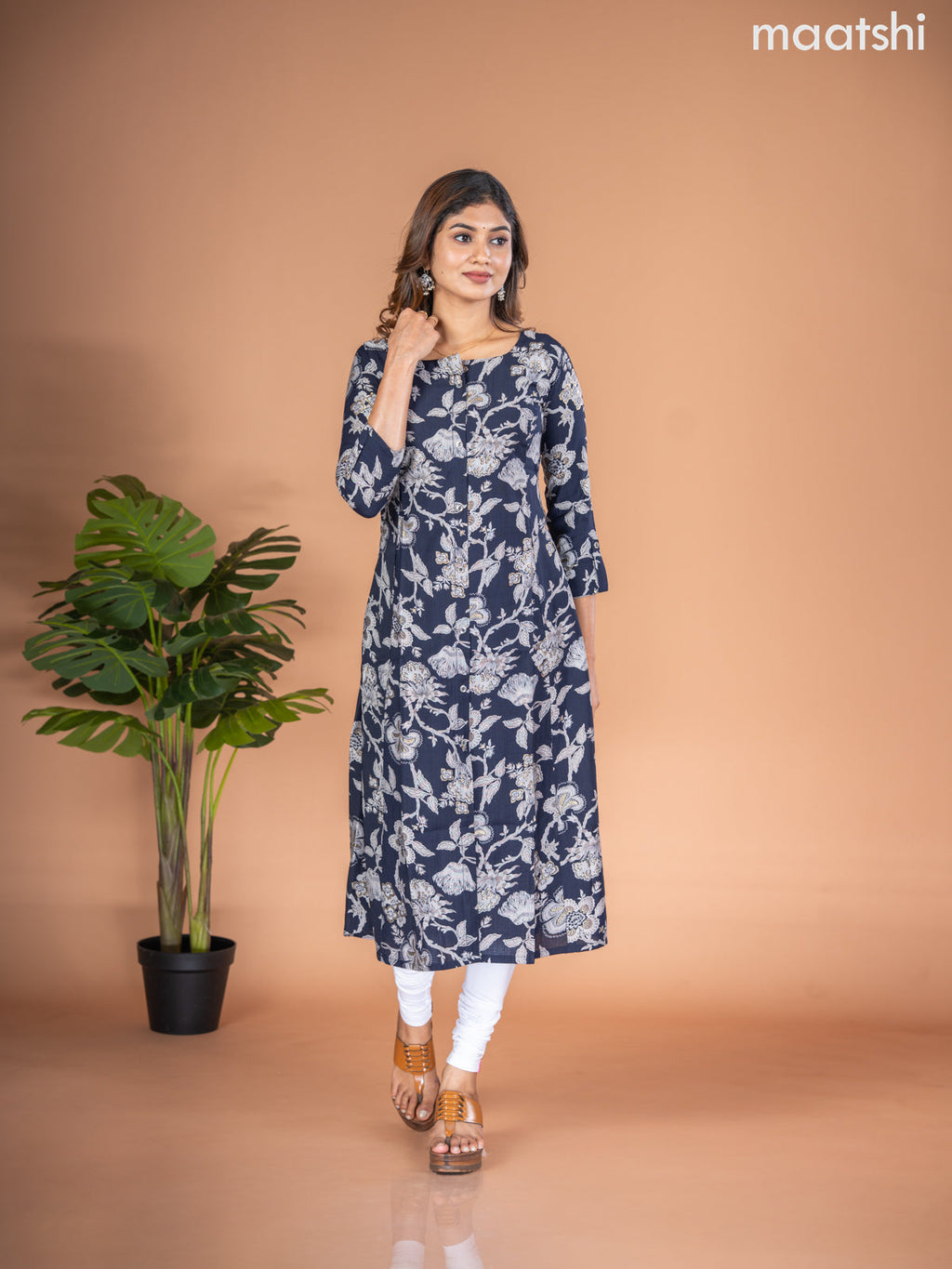 Rayon A-line kurti deep navy blue and grey with allover floral prints & simple neck pattern without pant