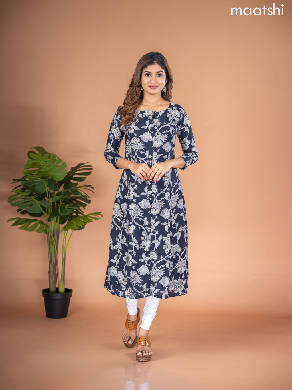 Rayon A-line kurti deep navy blue and grey with allover floral prints & simple neck pattern without pant