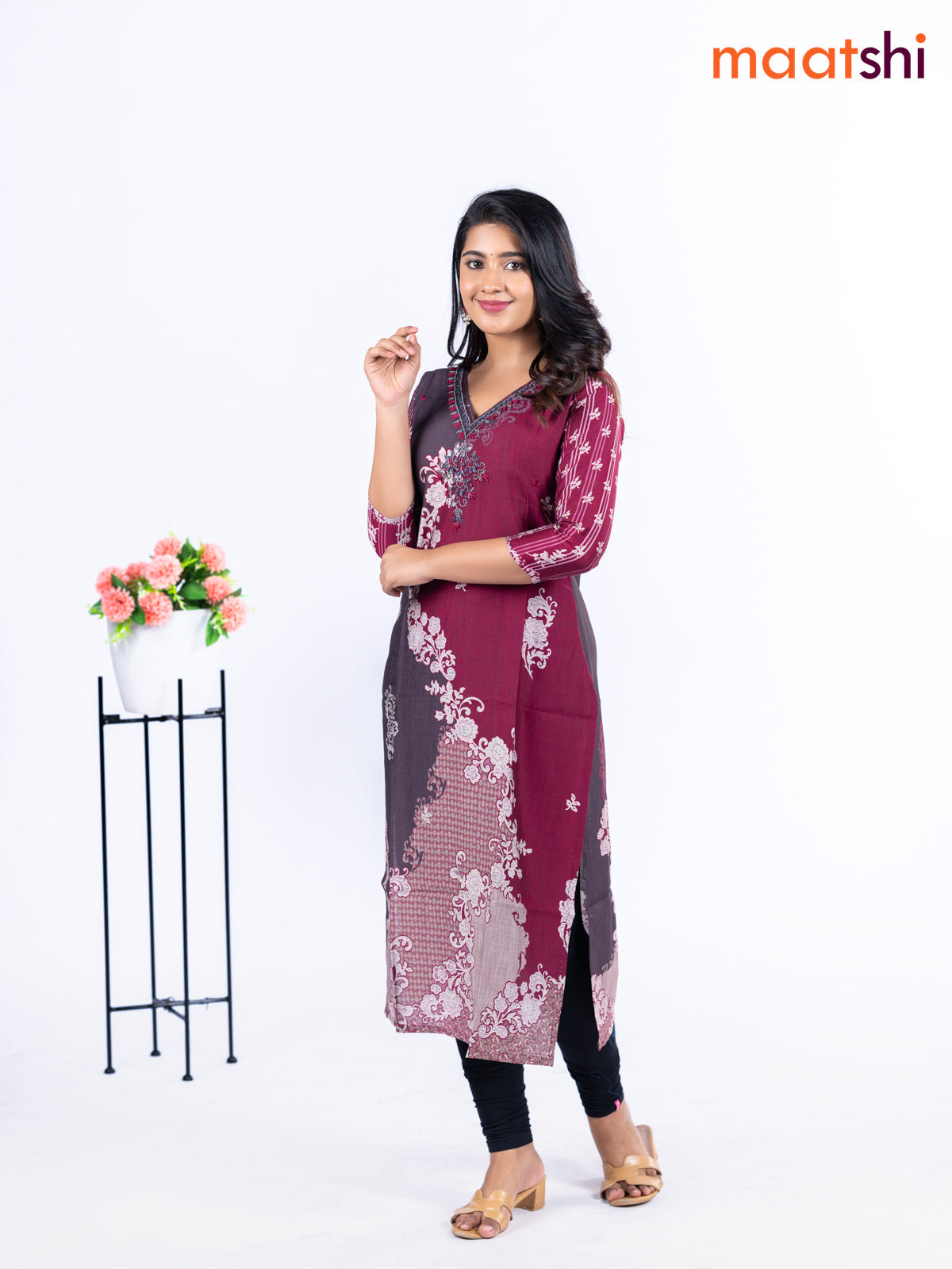 Rayon kurti maroon and deep coffee brown with allover prints & embroidery beaded work v neck pattern without pant