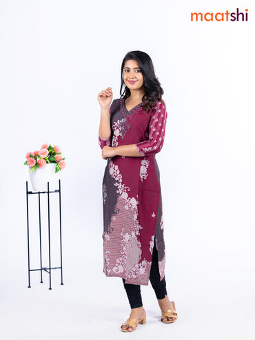 Rayon kurti maroon and deep coffee brown with allover prints & embroidery beaded work v neck pattern without pant