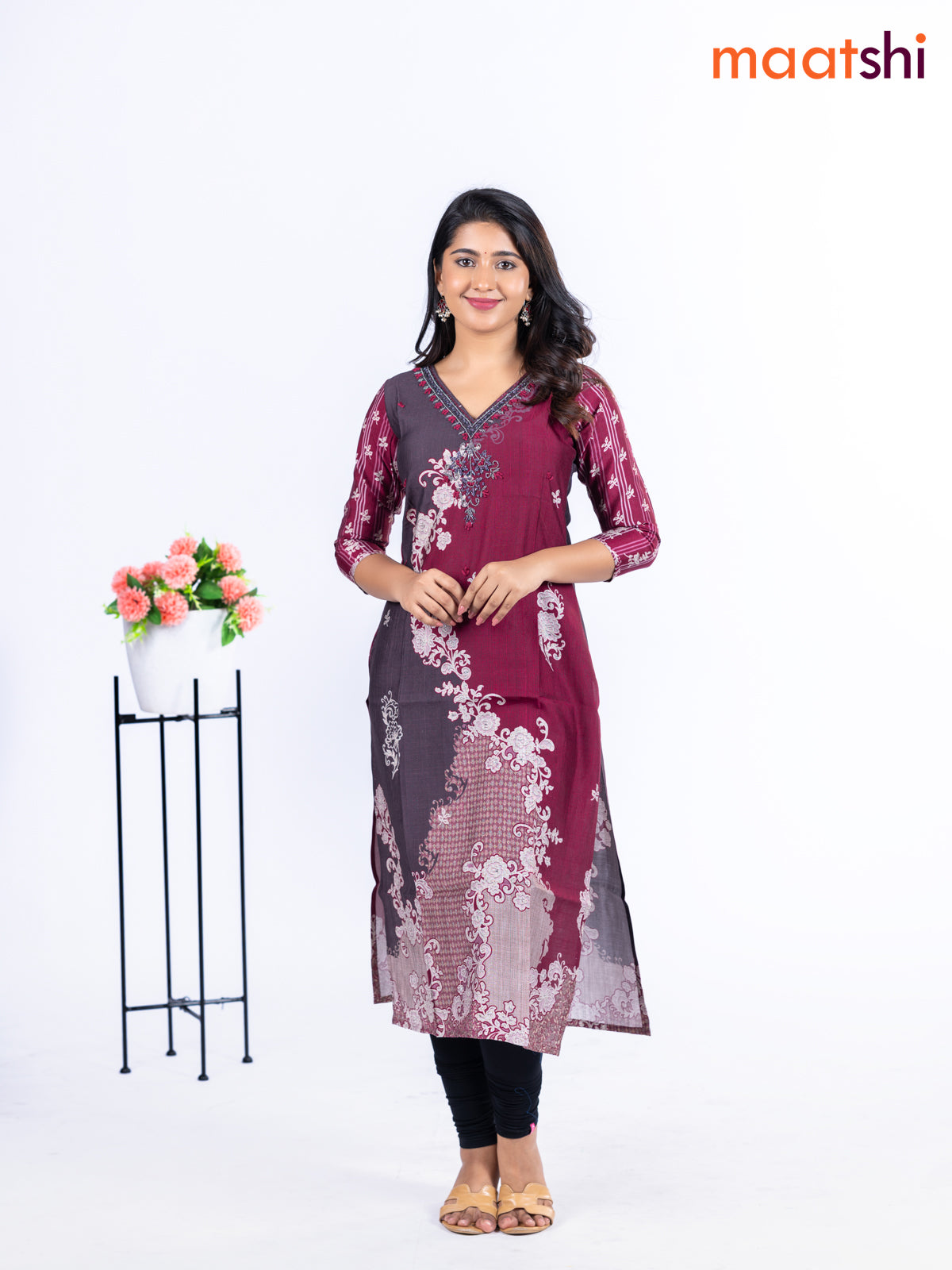 Rayon kurti maroon and deep coffee brown with allover prints & embroidery beaded work v neck pattern without pant