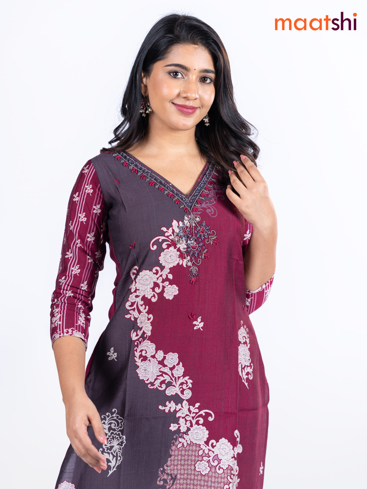 Rayon kurti maroon and deep coffee brown with allover prints & embroidery beaded work v neck pattern without pant