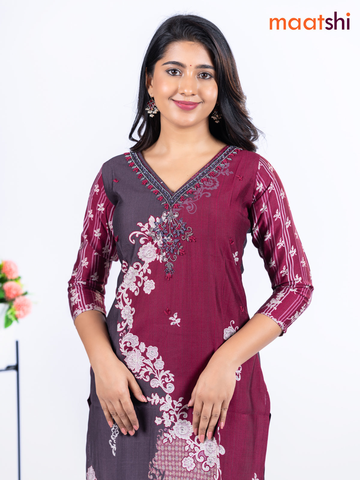 Rayon kurti maroon and deep coffee brown with allover prints & embroidery beaded work v neck pattern without pant