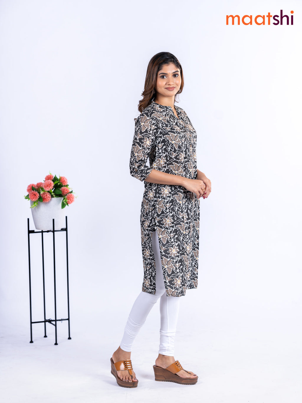 Cotton kurti elephant grey and brown with allover floral prints & simple neck pattern without pant