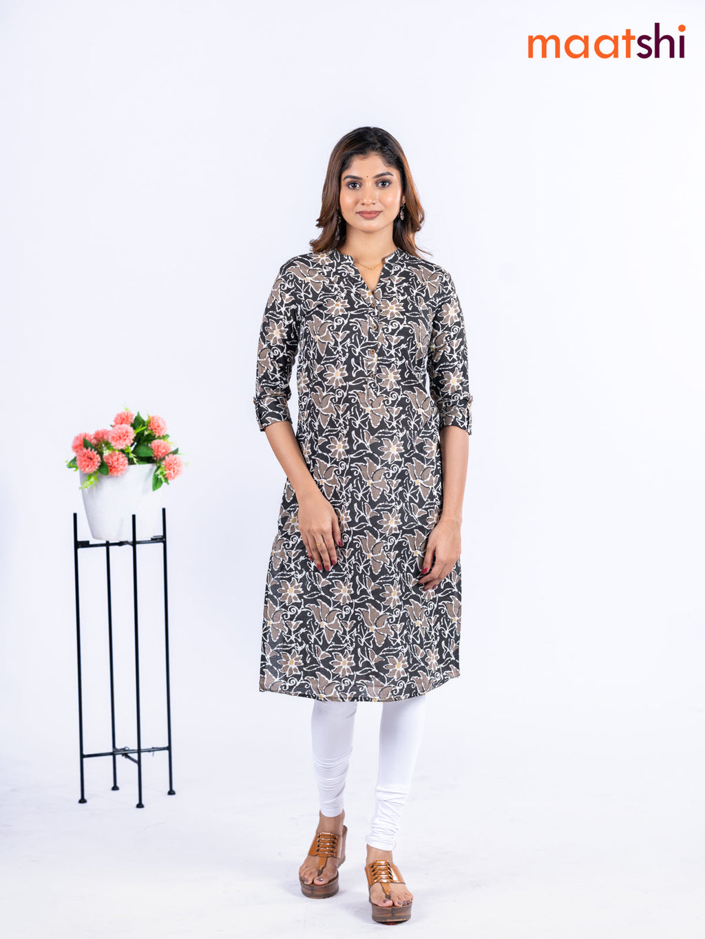 Cotton kurti elephant grey and brown with allover floral prints & simple neck pattern without pant