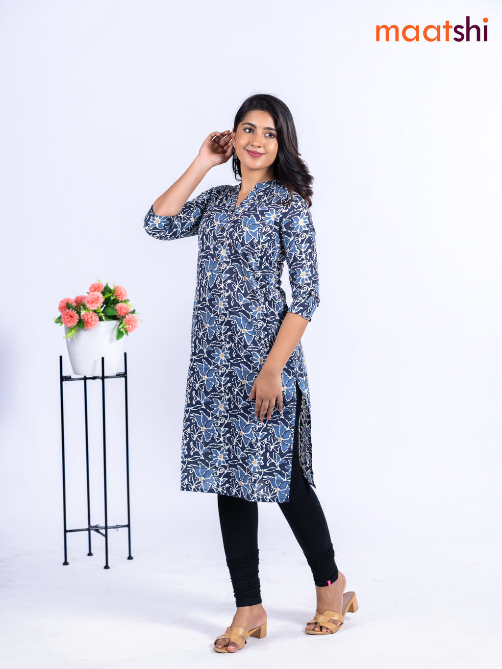 Cotton kurti indigo blue with allover floral prints & simple neck pattern without pant