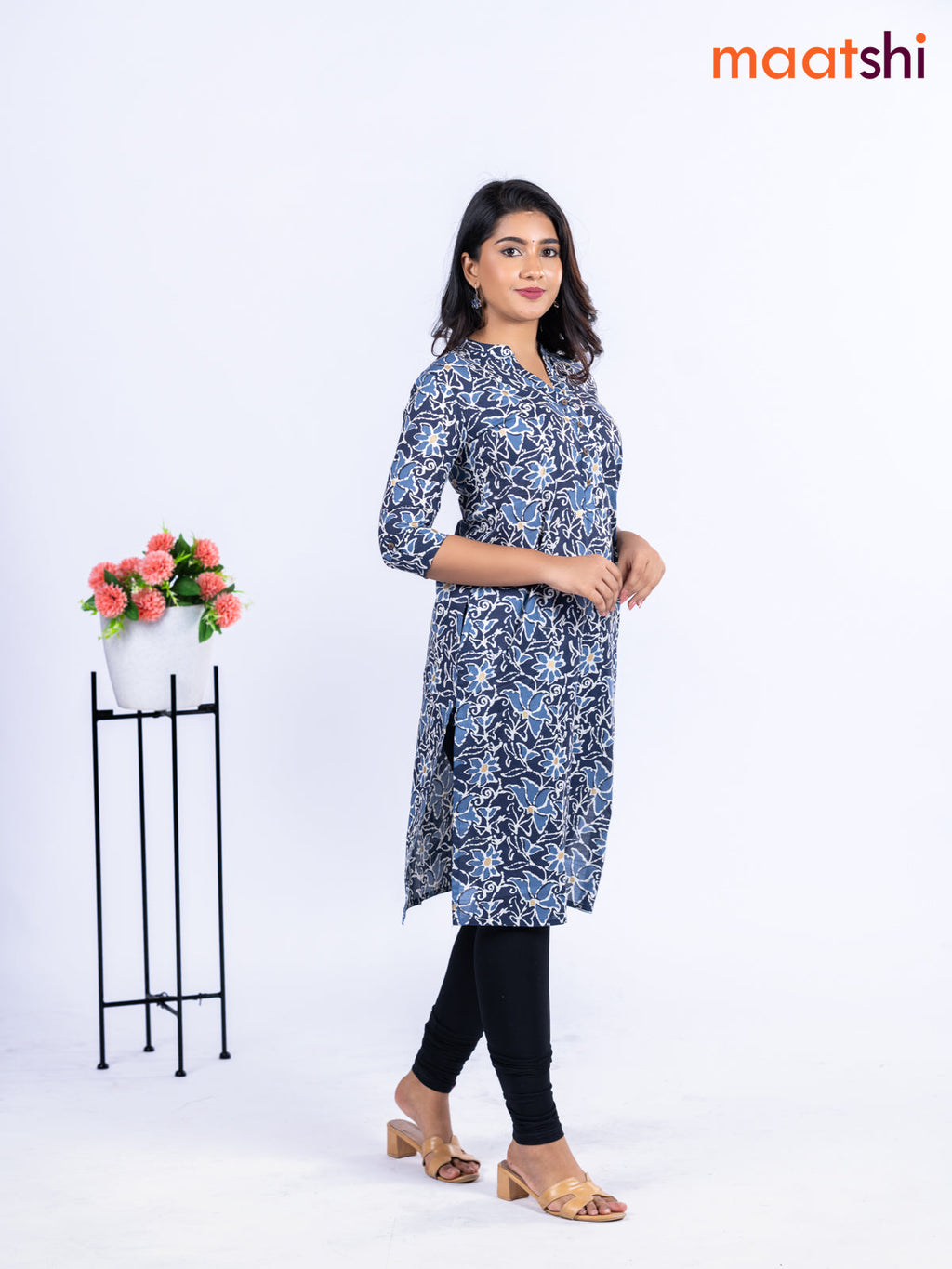 Cotton kurti indigo blue with allover floral prints & simple neck pattern without pant