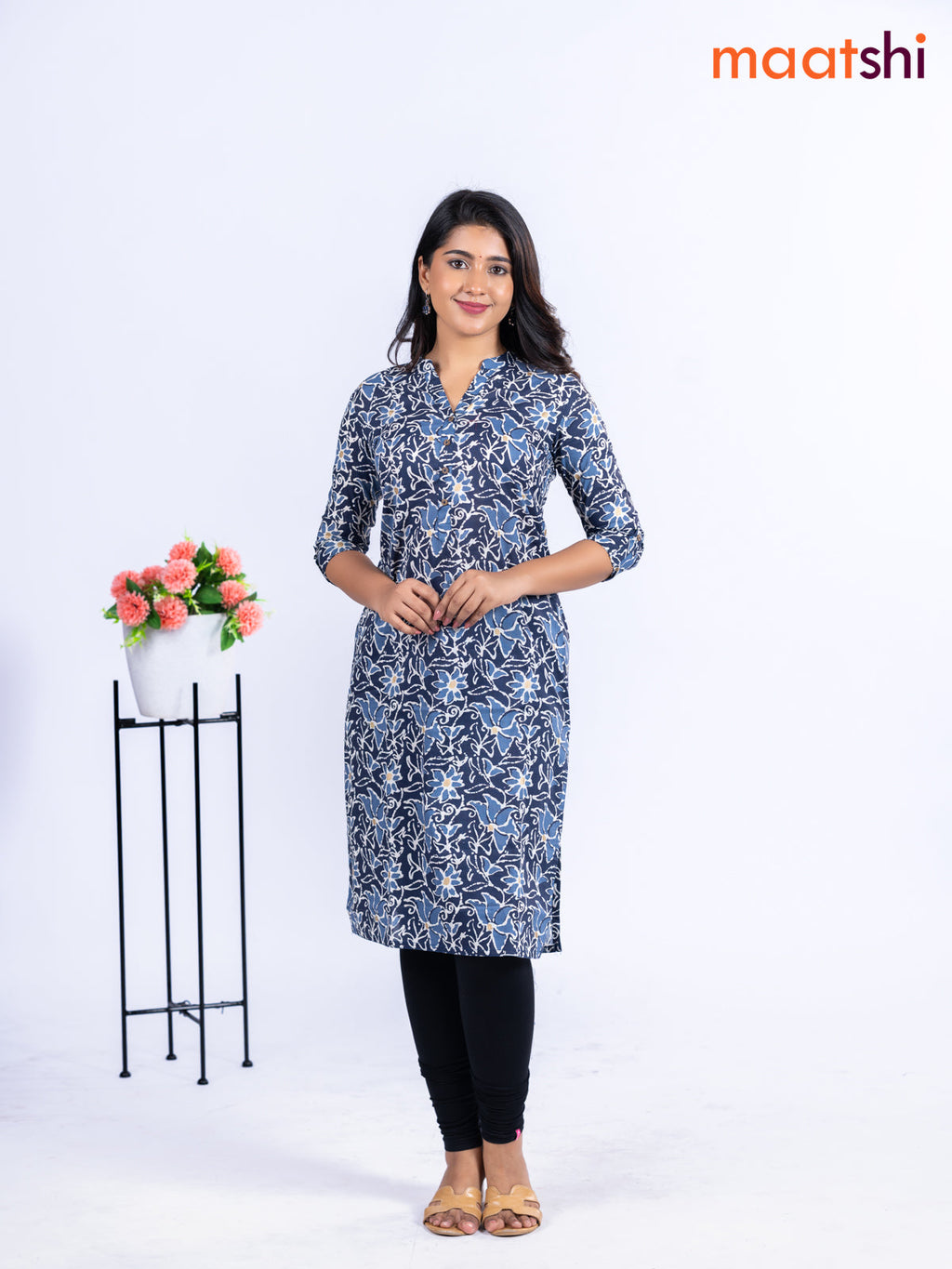 Cotton kurti indigo blue with allover floral prints & simple neck pattern without pant