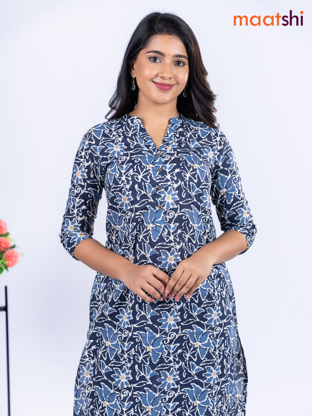 Cotton kurti indigo blue with allover floral prints & simple neck pattern without pant