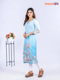 Cotton kurti light blue with allover floral prints & embroidery mirror work v neck pattern without pant