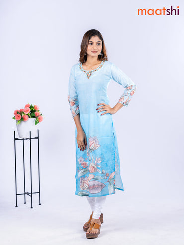Cotton kurti light blue with allover floral prints & embroidery mirror work v neck pattern without pant
