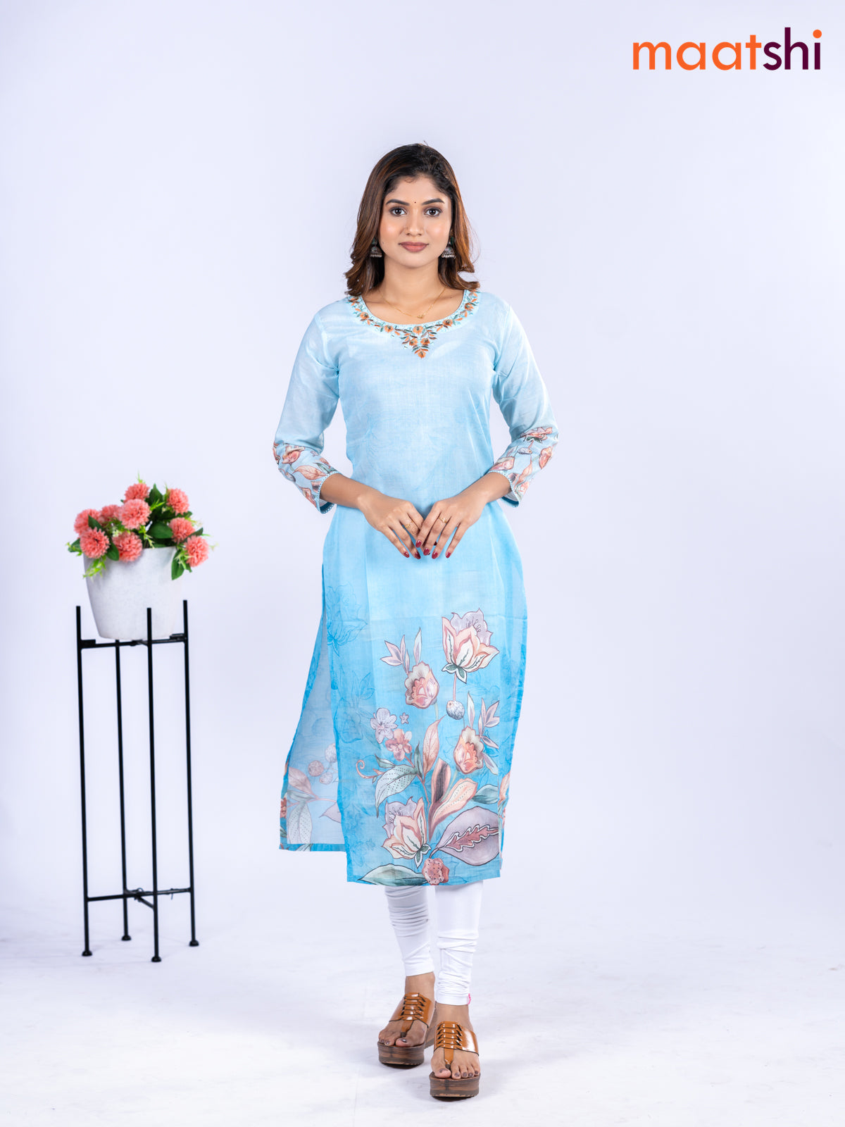 Cotton kurti light blue with allover floral prints & embroidery mirror work v neck pattern without pant