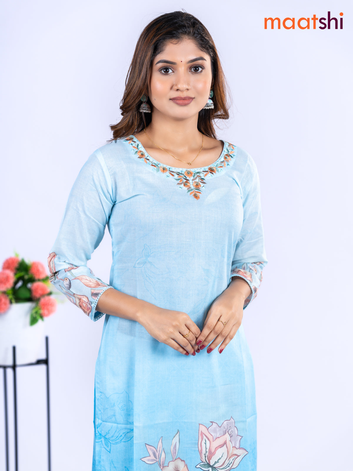 Cotton kurti light blue with allover floral prints & embroidery mirror work v neck pattern without pant