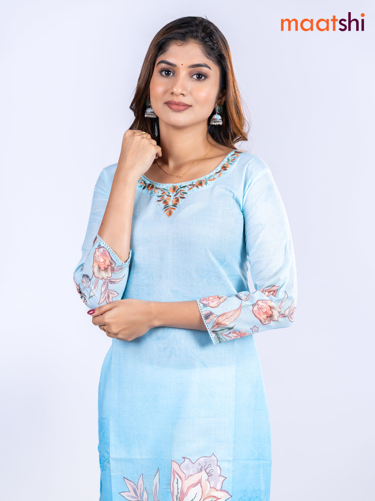 Cotton kurti light blue with allover floral prints & embroidery mirror work v neck pattern without pant