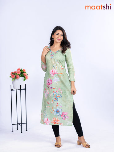 Cotton kurti light green with allover floral prints & embroidery mirror work v neck pattern without pant