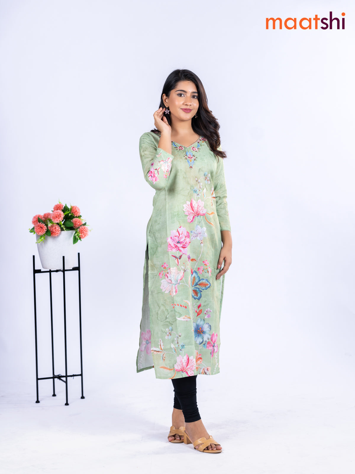 Cotton kurti light green with allover floral prints & embroidery mirror work v neck pattern without pant