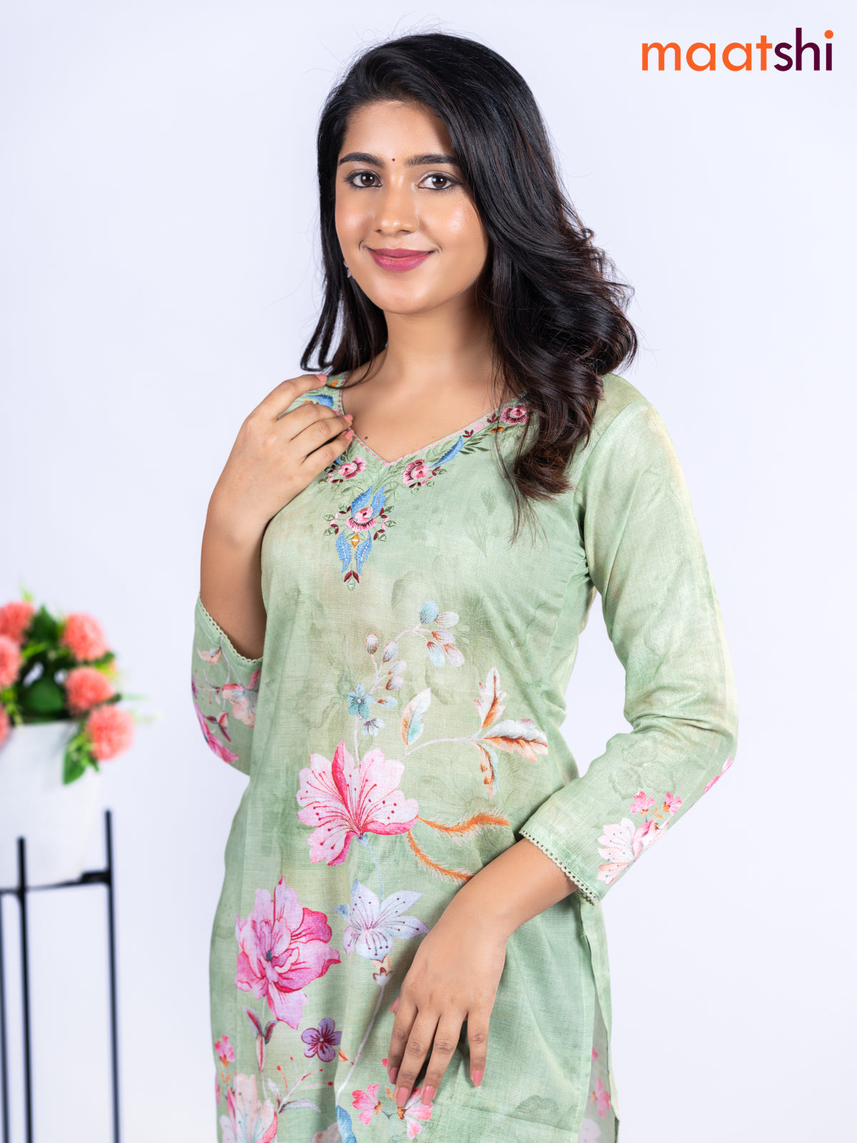 Cotton kurti light green with allover floral prints & embroidery mirror work v neck pattern without pant