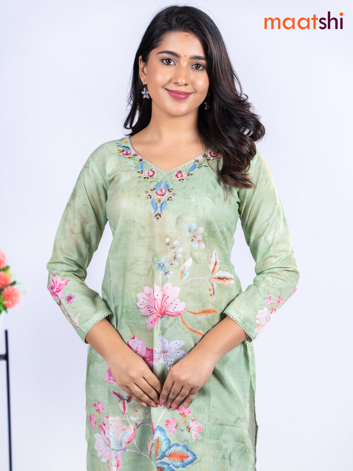 Cotton kurti light green with allover floral prints & embroidery mirror work v neck pattern without pant