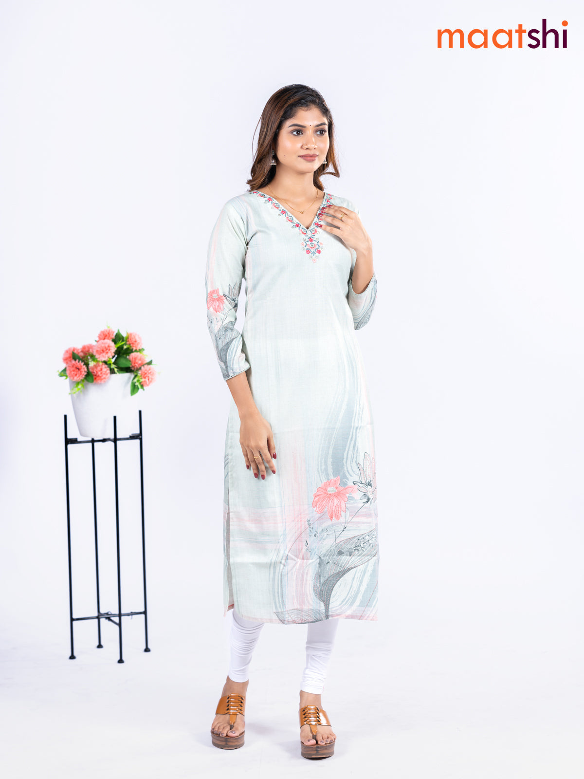 Cotton kurti mild pista green with allover floral prints & embroidery mirror work v neck pattern without pant