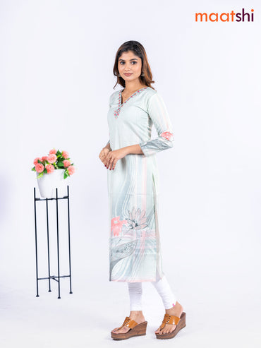 Cotton kurti mild pista green with allover floral prints & embroidery mirror work v neck pattern without pant