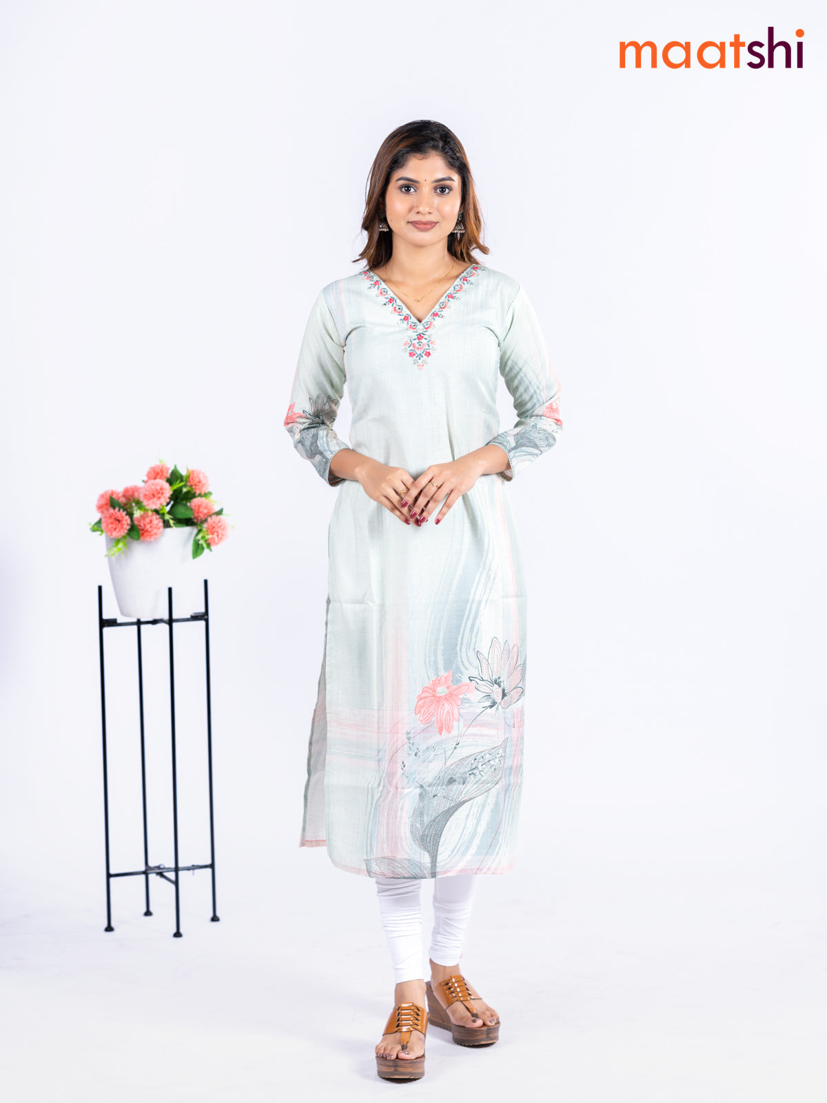 Cotton kurti mild pista green with allover floral prints & embroidery mirror work v neck pattern without pant
