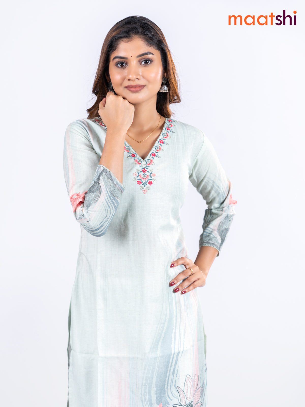Cotton kurti mild pista green with allover floral prints & embroidery mirror work v neck pattern without pant