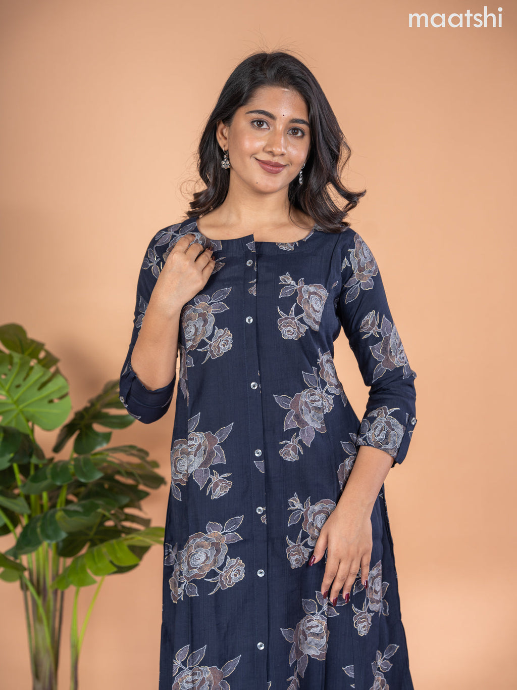 Rayon A-line kurti deep navy blue with allover floral butta prints & simple neck pattern without pant